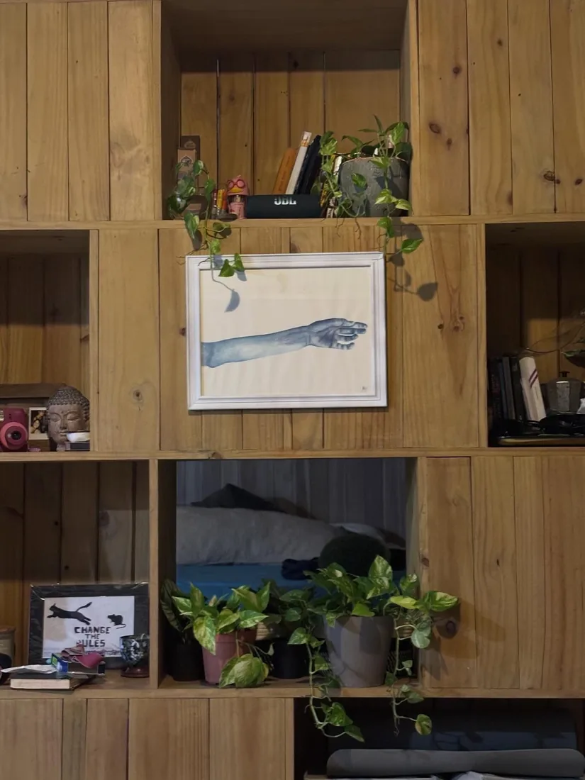 Una acuarela de un brazo, en un estante de madera entre libros y plantas.
