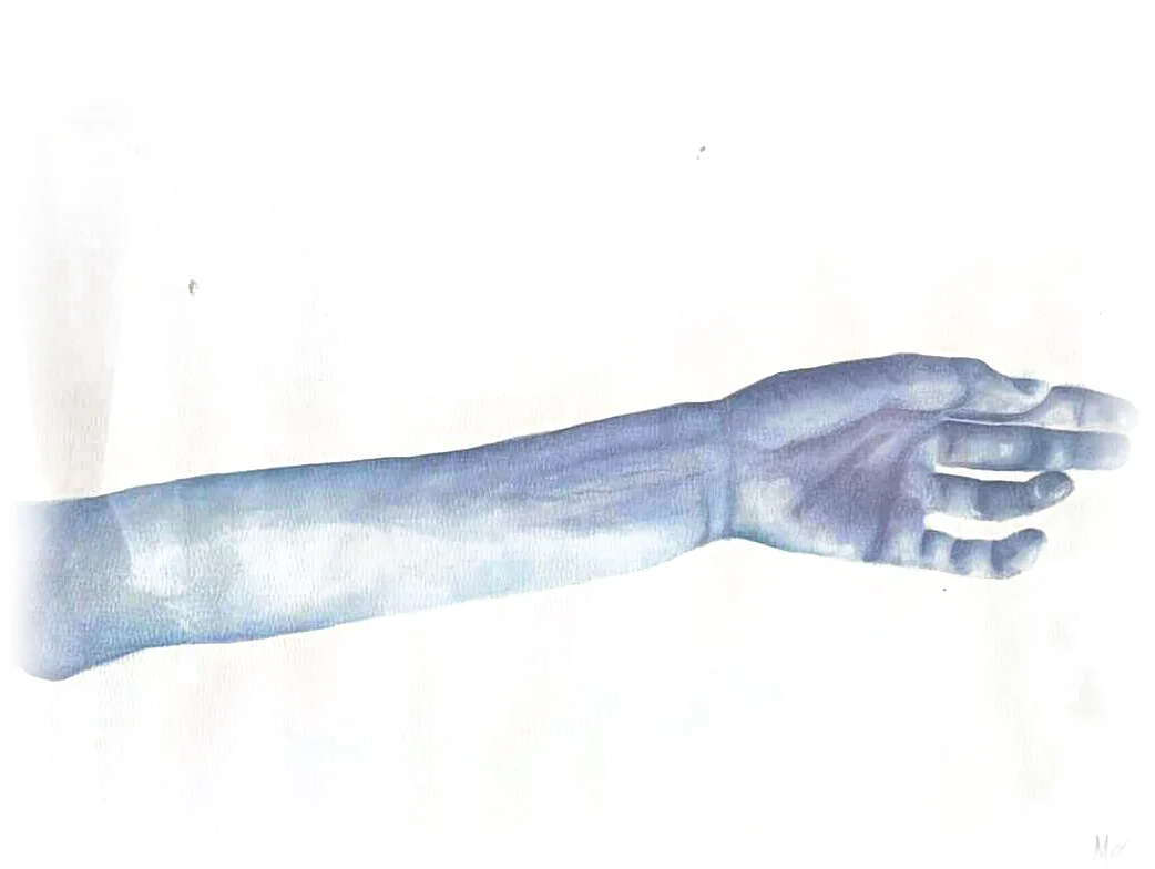 Acuarela en azul: un brazo extendido hacia la derecha, con la mano abierta.