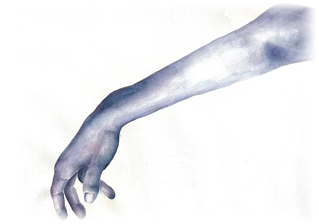 Acuarela en azul: un brazo que baja desde arriba, con la mano suelta.