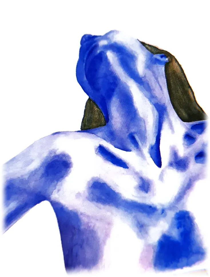 Acuarela en azul ultramar: una mujer con la cabeza echada hacia atrás, el cuello y los hombros hechos de manchas de color.