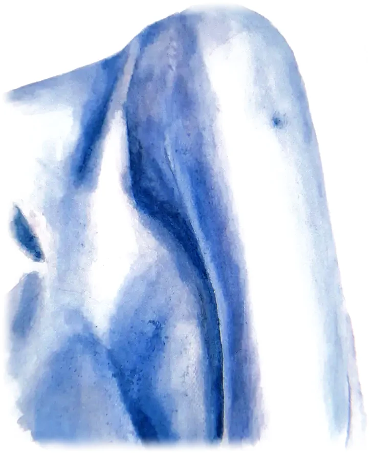 Acuarela en azul: un hombro y la curva de una espalda.