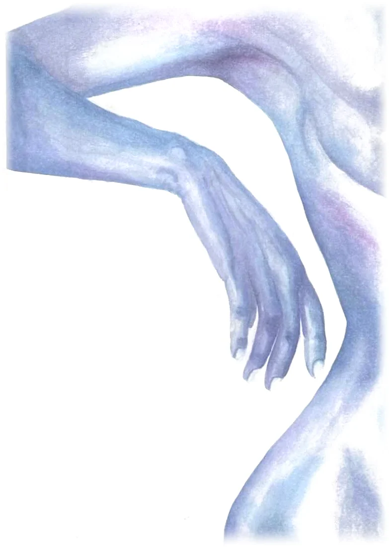 Acuarela en azul: un brazo que se dobla sobre un cuerpo de perfil.