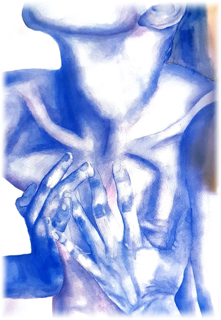 Acuarela en azul intenso: manos entrelazadas sobre el pecho, con el cuello en sombra.