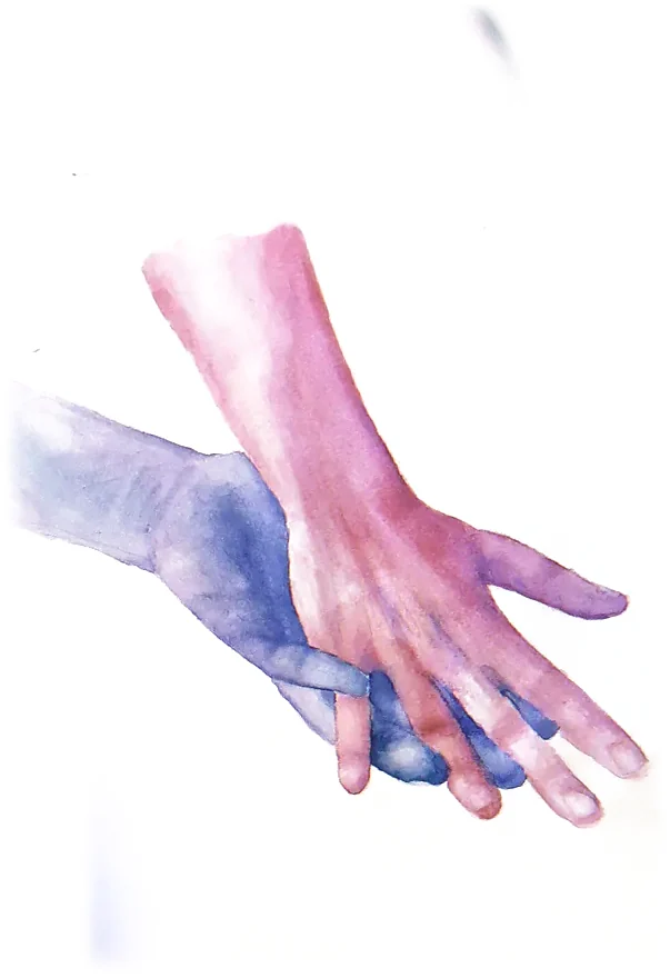 Acuarela: una mano azul y una mano rosada, apoyadas una sobre la otra.