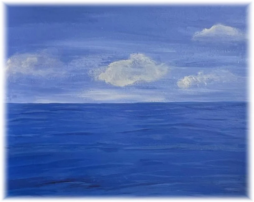 Pintura del mar abierto: el horizonte, nubes bajas y el agua en azul profundo.