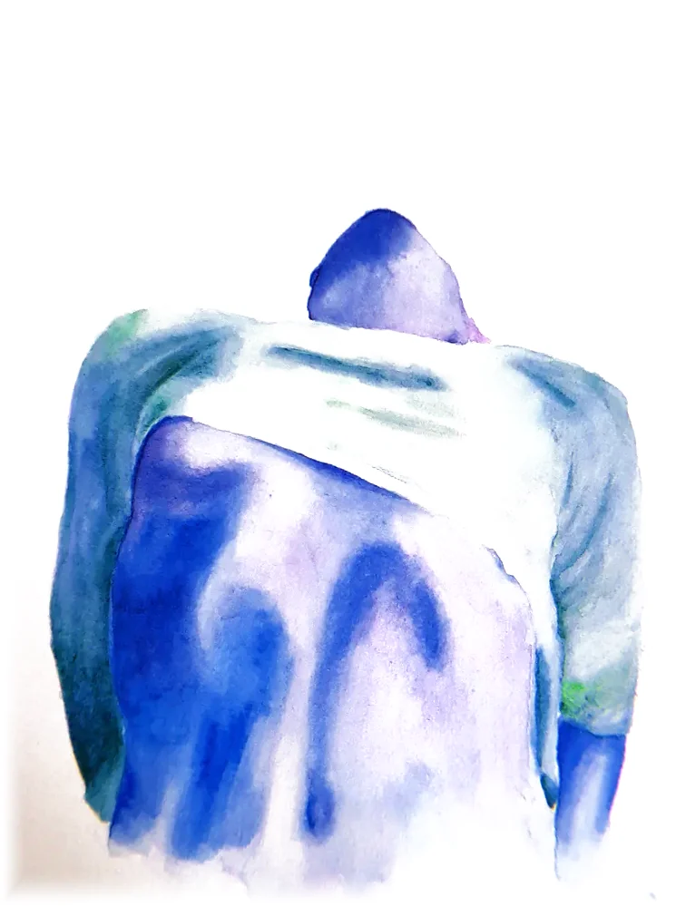Acuarela en azul y verde: una figura de espaldas, encorvada, con la nuca descubierta.